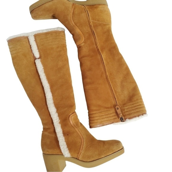 Cole Haan Suede Shearling Tall Heeled Boots - Picture 3 of 6